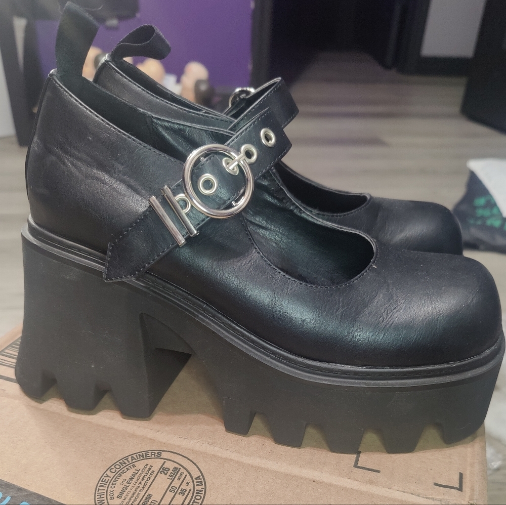 Lamoda Black Faux Leather Mary Janes Shoes Chunky 7 Goth Emo Punk Heels Platform